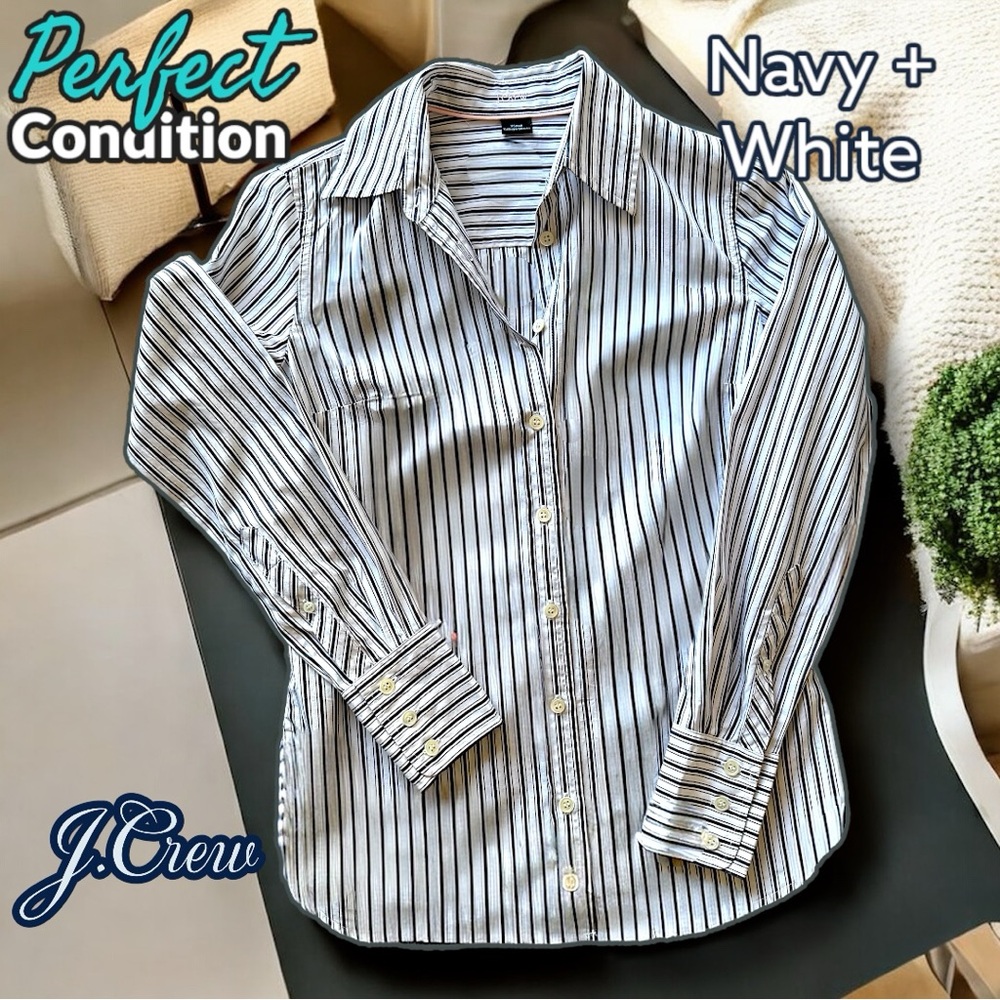 Like New 🌸 J Crew Navy and White Striped Button-Down Shirt Slim Fit, Kathryn Cut - Picture 14 of 17